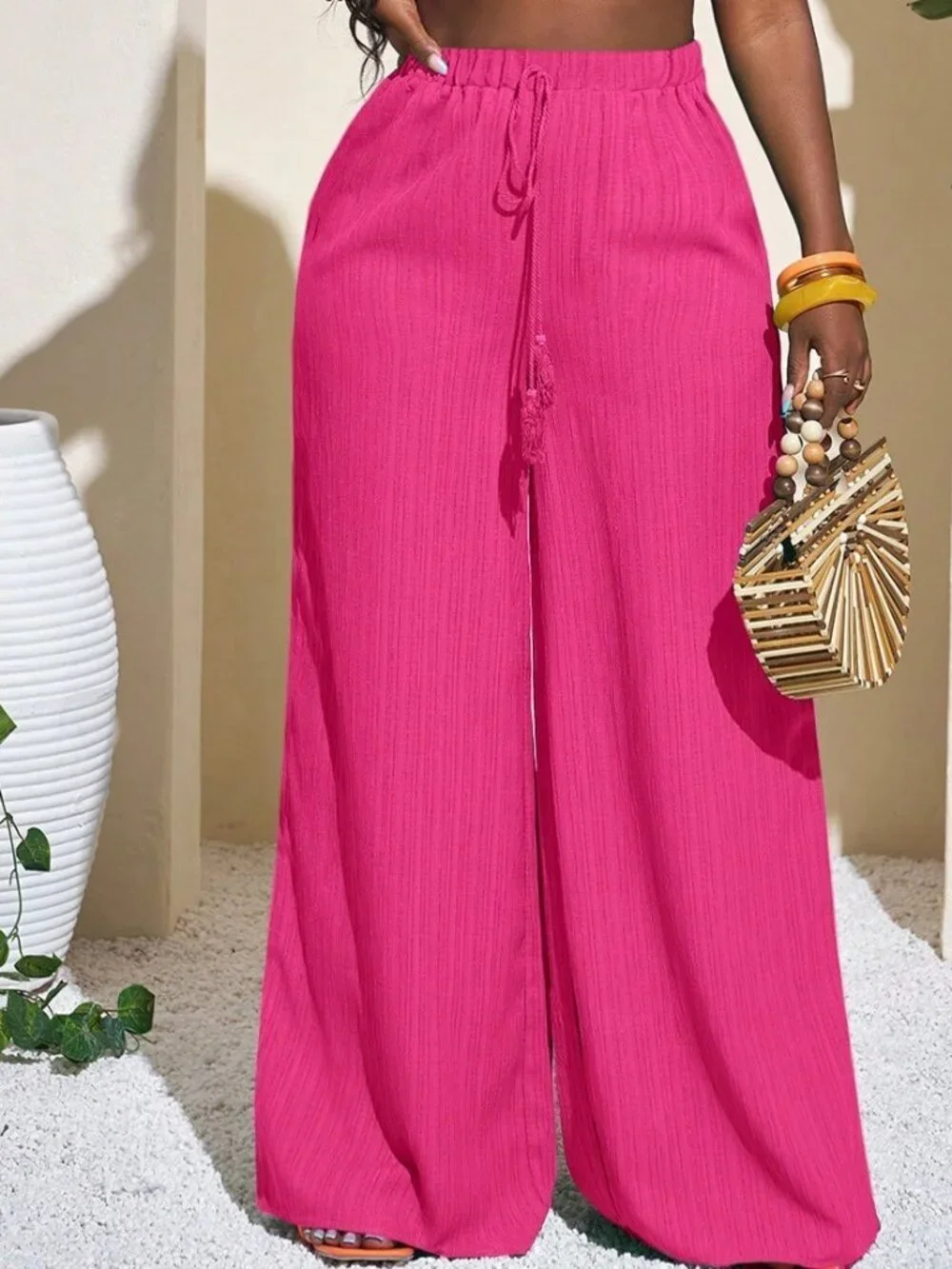 Hot Pink Casual Women's Full-Length Geometric Pattern Palazzo Pants